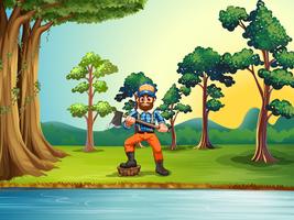 A lumberjack at the riverbank holding an axe vector