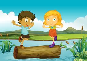 Una niña y un niño encima de un tronco flotando. vector