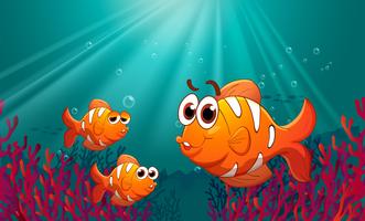 Three fishes under the sea with corals vector
