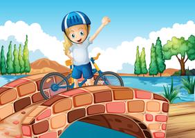 A female biker standing above the bridge vector