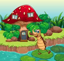 A cockroach dancing in front of a mushroom house  vector