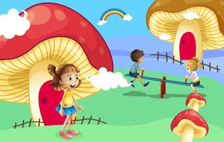 Kids playing near the giant mushroom houses vector