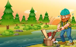 A man chopping woods at the riverbank vector