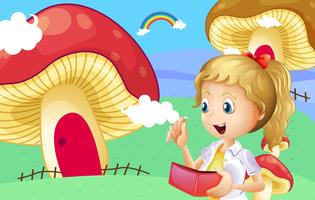 A girl holding a wallet near the giant mushroom houses vector