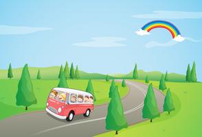 A bus with kids running along the curve road vector