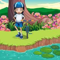 A girl and her bicycle at the riverbank vector