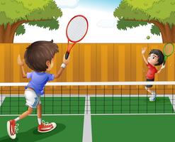 Two boys playing tennis vector