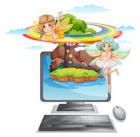 Computer screen with fairies on island vector