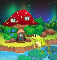 A frog jumping near the red mushroom house vector