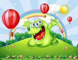 A hilltop with floating balloons and a green monster vector