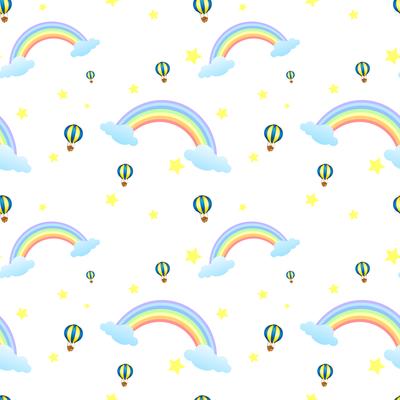 A seamless design with rainbows and floating balloons