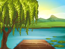 A river and a wooden bench vector