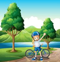 A young female biker standing near the river vector