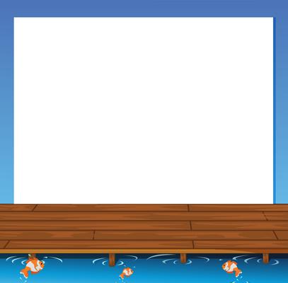 An empty paper template with a wooden bridge and fishes at the bottom