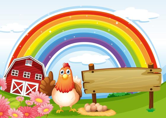 A hen beside the empty board at the farm with a rainbow