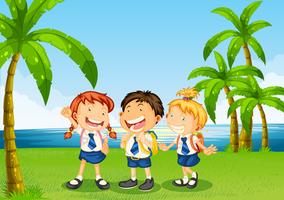 Three pupils at the riverbank vector