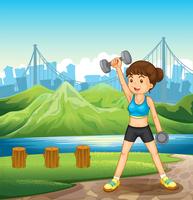 A lady exercising near the river vector