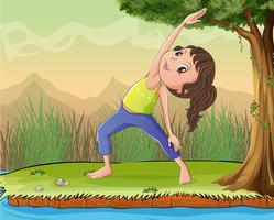 Una niña hace ejercicio debajo de un árbol. vector