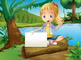 A girl sitting above a log with an empty signage vector
