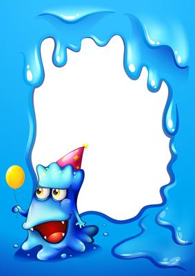 A blue border design with a monster wearing a hat and holding a balloon