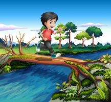 Un niño corriendo mientras cruza el río. vector
