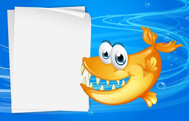 A fish with sharp teeth beside an empty paper under the water