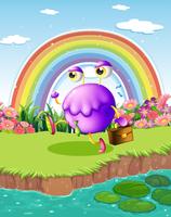 A monster walking near the pond with a rainbow in the sky vector