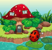 A bug dancing near the mushroom house vector