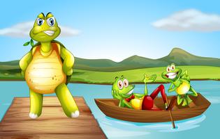 A turtle at the bridge and the two playful frogs at the boat vector