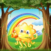 A monster with a get-well-soon card and a rainbow in the sky vector