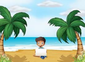 A boy holding an empty signage at the beach vector