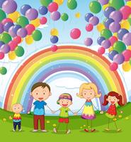 Una familia feliz bajo los globos flotantes con un arco iris. vector