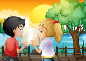 A girl and a boy discussing at the wooden bridge vector