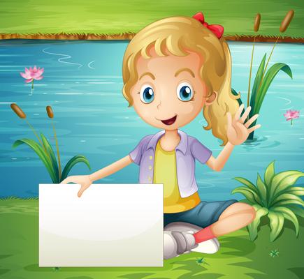 A girl at the pond holding an empty signboard