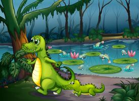 A forest with a pond, crocodiles and fishes vector