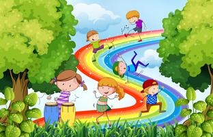 Children and rainbow vector