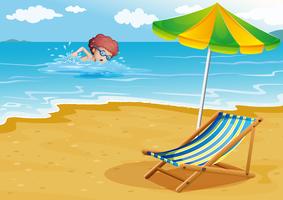 A boy swimming at the beach with a chair and an umbrella  vector