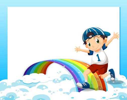 An empty template with a boy playing above the clouds and the rainbow