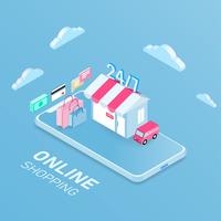 Online shopping mobile concept, isometric design. vector illustration.