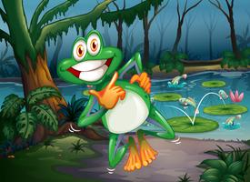 A forest with a playful frog and fishes at the pond vector