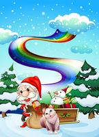 Santa y su gato en una zona nevada con un arco iris vector