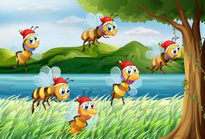 A group of bees going to the tree at the riverbank vector