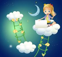 A girl sitting above a cloud holding an empty signage vector