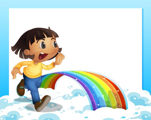 An empty template with a young girl running and a rainbow