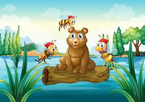Un oso cabalgando sobre un tronco flotando en el río. vector