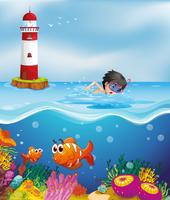 A boy swimming at the beach near the lighthouse vector