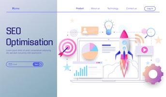 SEO optimization technology modern flat design, search engine analytics, web analytics, social and data analytics vector