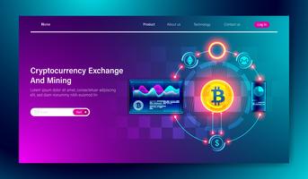 Modern flat design of Cryptocurrency Exchange and bitcoin mining technology on tablet and mobile device concept for landing page template, blockchain Vector. vector