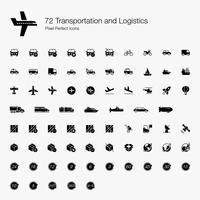 72 iconos perfectos del transporte y del pixel logístico (estilo llenado). vector