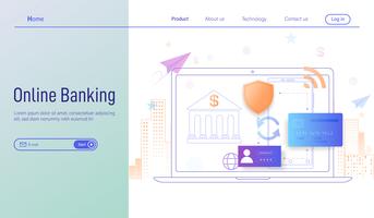 Online banking modern modern flat design concept, Landing page of Online banking through smartphone and laptop vector. vector